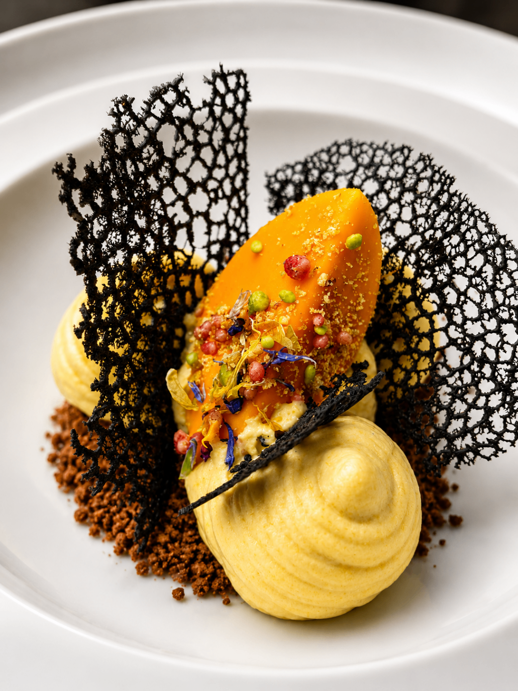 Postre de mango y texturas de alta cocina de Mani Food Lab